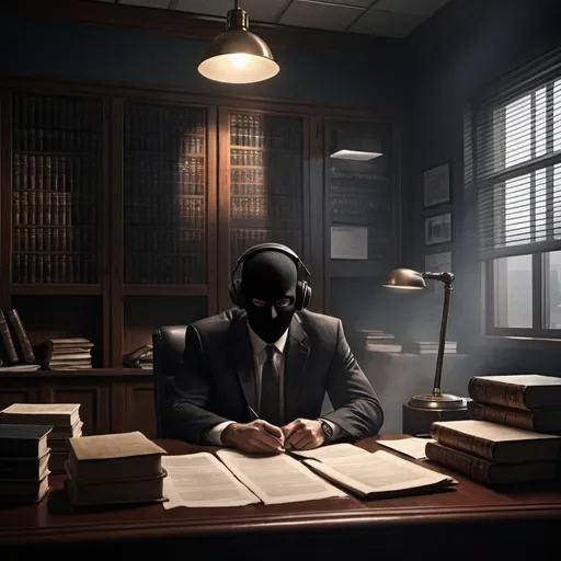 Prompt: (realism style), ominous atmosphere, dark color scheme, tall thin lawyer, sinister look, black ski mask, headphones on, podcast microphone in front, cluttered law office, filled with law books, one wall featuring (FBI's most wanted list), shadows looming, unsettling mood, high quality, ultra-detailed representation, eerie lighting.