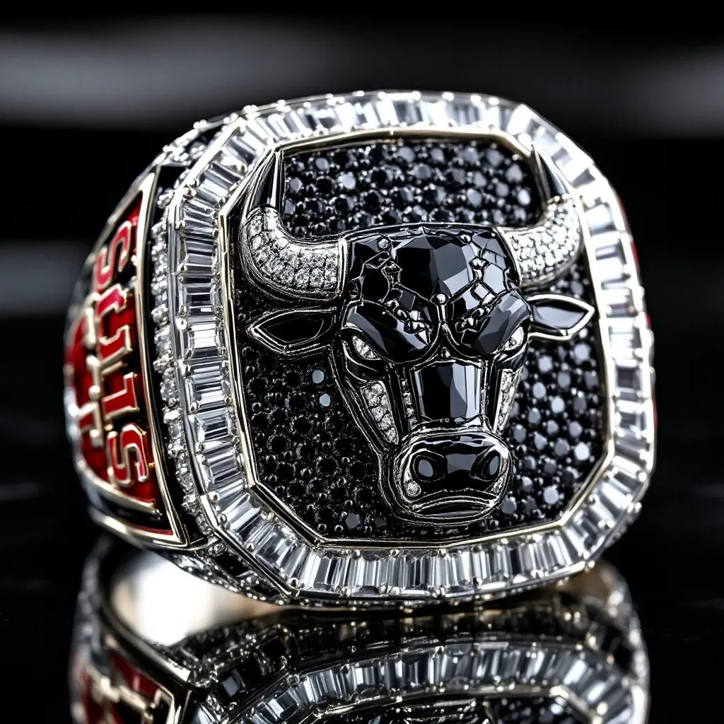 Prompt: Champion ship ring with Chicago bulls logo ,all baguette and emerald cut diamonds fully iced out ,black diamond bull ,red and white enamel 