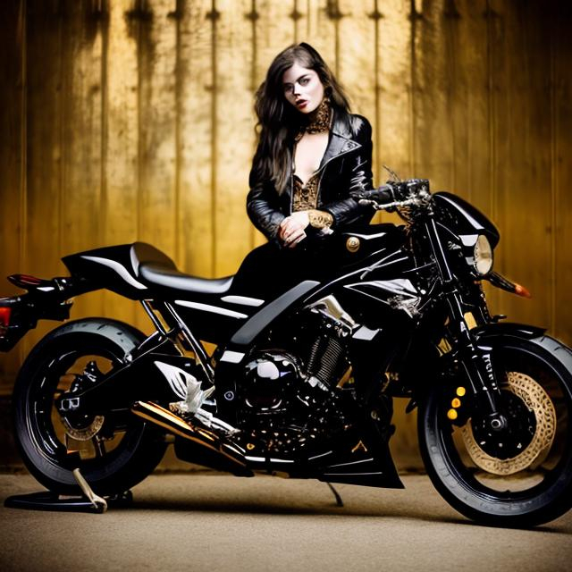 Prompt: Brunette Woman wearing Black and Gold riding a Yamaha Virago Midnight Special Inspired Custom Motorcycle; the motorcycle is more black than gold; the woman's leather has more gold accents and she is wearing faded blue jeans and a leather jacket.