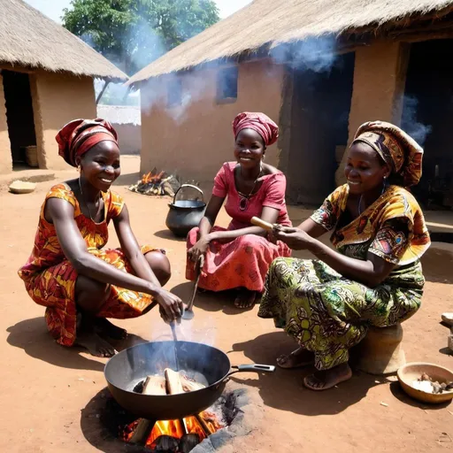 Prompt: create africa village women cooking on open fire