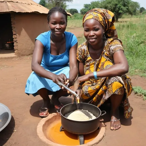 Prompt: create africa women cooking with ethanol cookstove i will add the stove
