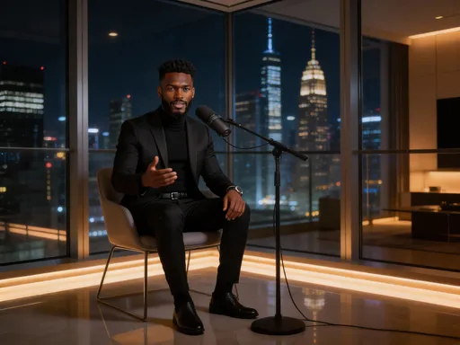 Prompt: @MO4iHZZnodTwABQ7AaNB is sitting in a penthouse condo sit talking into a microphone, with the background being a large window overlooking the skyscrapers at night, in a well lit room, and have Nox facing the camera