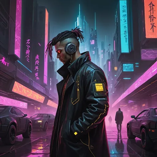 Prompt: A stunning cyberpunk album cover features a man playing music in a large matte urban setting. The artwork showcases a futuristic landscape with a minimalist design, predominantly in black, gold, and red hues. The man is depicted wearing sleek, modern attire, surrounded by technology and neon lights. The overall image is striking and visually appealing, capturing the essence of the cyberpunk theme in a high-quality, detailed painting.