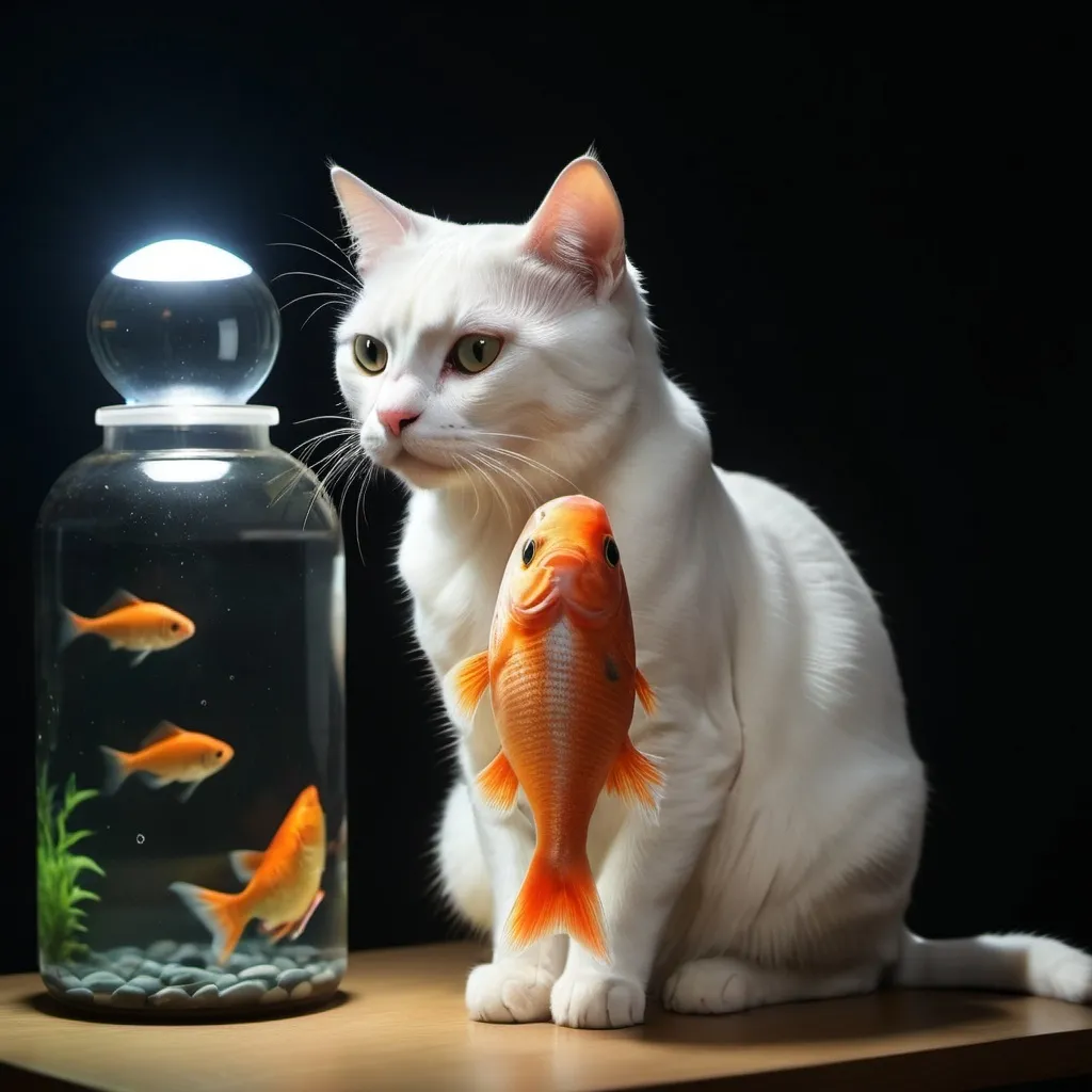 Prompt: hybrid of cat and fish, half cat half fish, high quality, atmospheric lighting