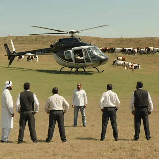 Prompt: An extreme wide shot of a sunny field with some cows chewing on tall grass in the background, a helicopter in the background, landed, inland Portugal. This is a comedy. A group of 8 arab men wearing burkhas in the foreground looking confused, arguing with each other, pointing fingers at each other. In the background is a decrepit stadium.