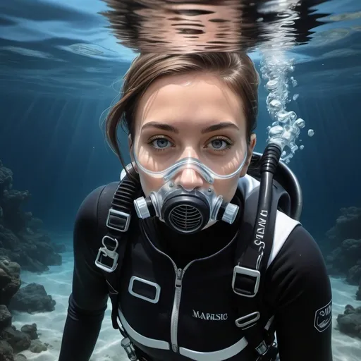 Prompt: Realistic digital painting of a female scuba diver, white and black zip hoodie , underwater diving scene, realistic water reflections, detailed facial features, clear visibility, high quality, realistic style, underwater lighting, serene atmosphere, detailed marine life, professional she has diving gear