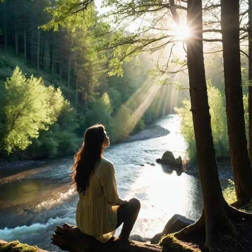 Prompt: A woman in a forest, surrounded by trees, she is watching a river flowing in front of her, the sun is shining through the branches of trees above her