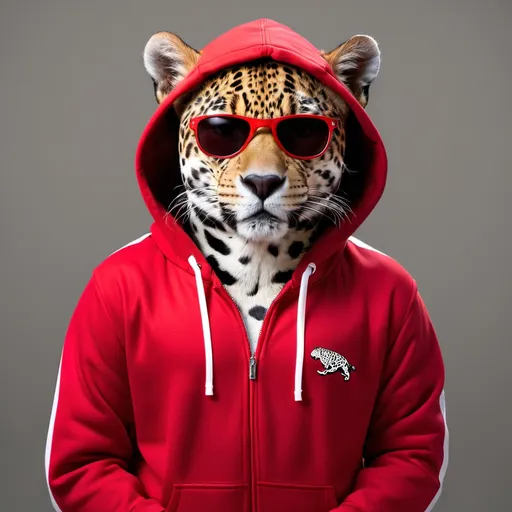 Prompt: Jaguar wearing red hoodie and shades in a photo