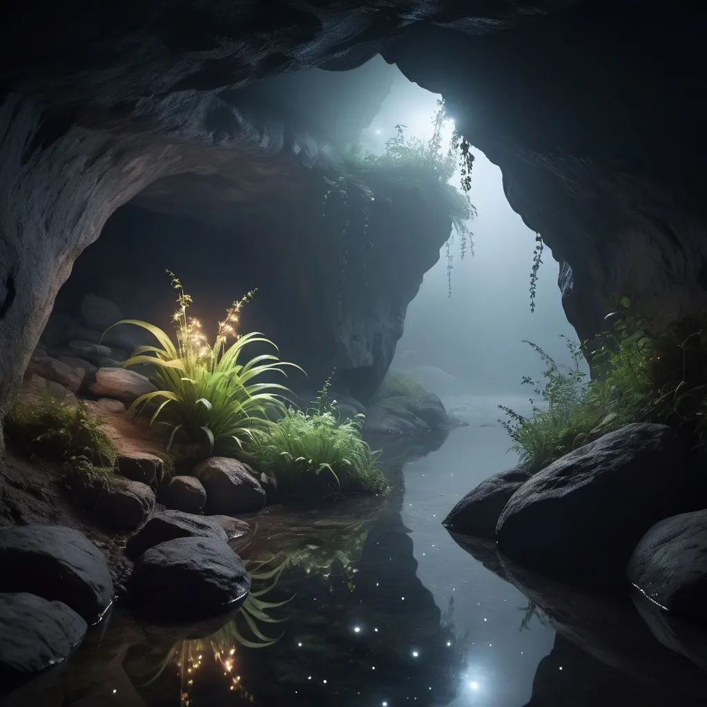 Prompt: small cave, foggy, starry river, dramatic plant scene, cinematic lighting