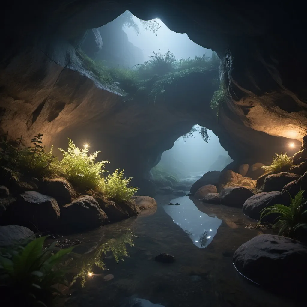 Prompt: small cave, foggy, starry river, dramatic plant scene, cinematic lighting