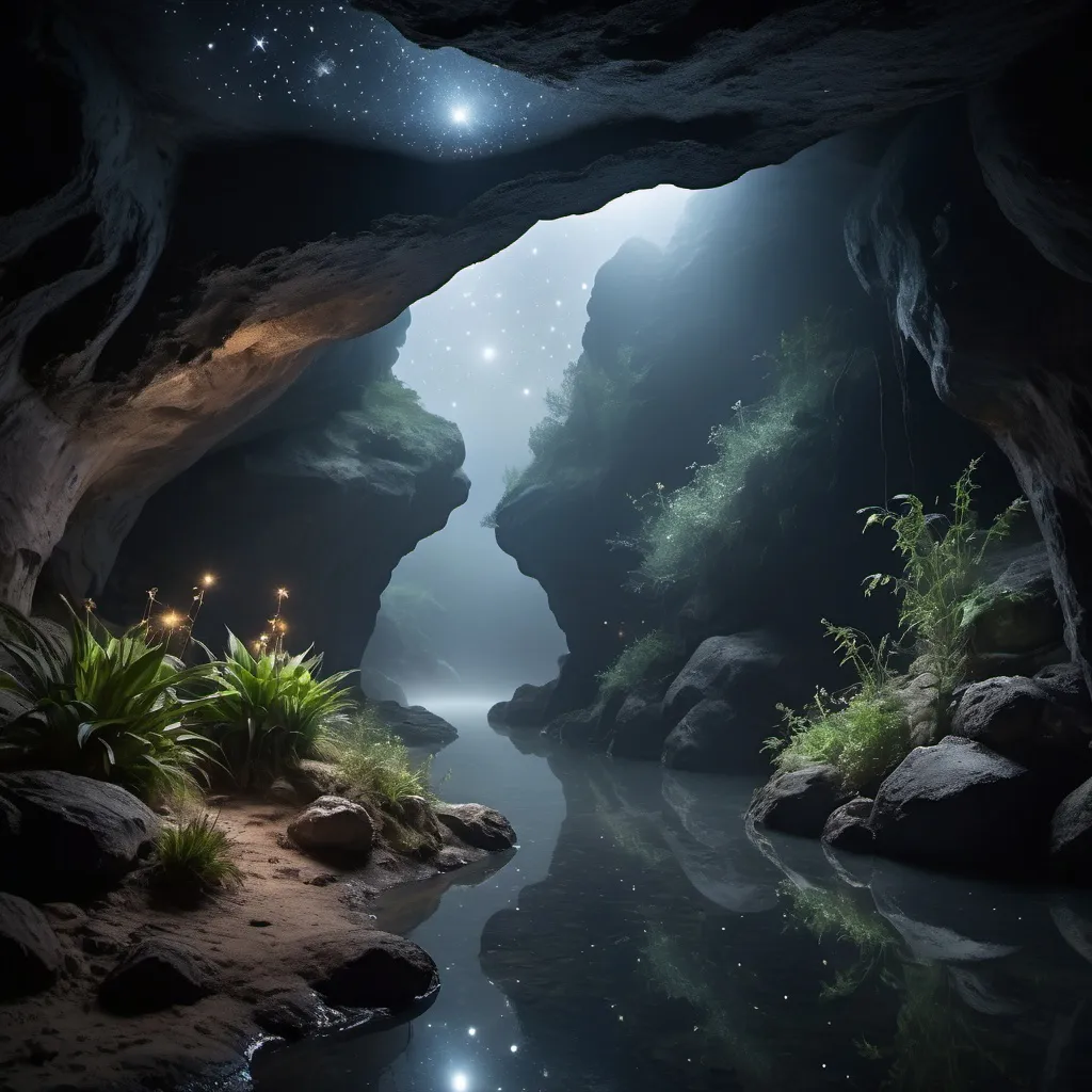 Prompt: small cave, foggy, starry river, dramatic plant scene, cinematic lighting stary celling