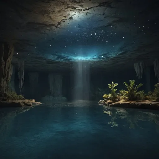 Prompt: a cenote at night, a starry ceiling with beaytiful water. realistic