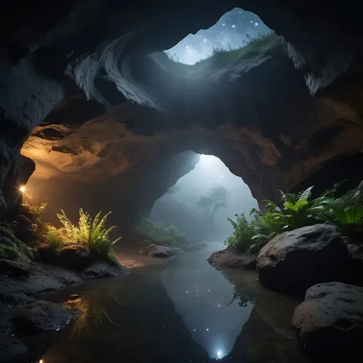 Prompt: small cave, foggy, starry river, dramatic plant scene, cinematic lighting stary celling