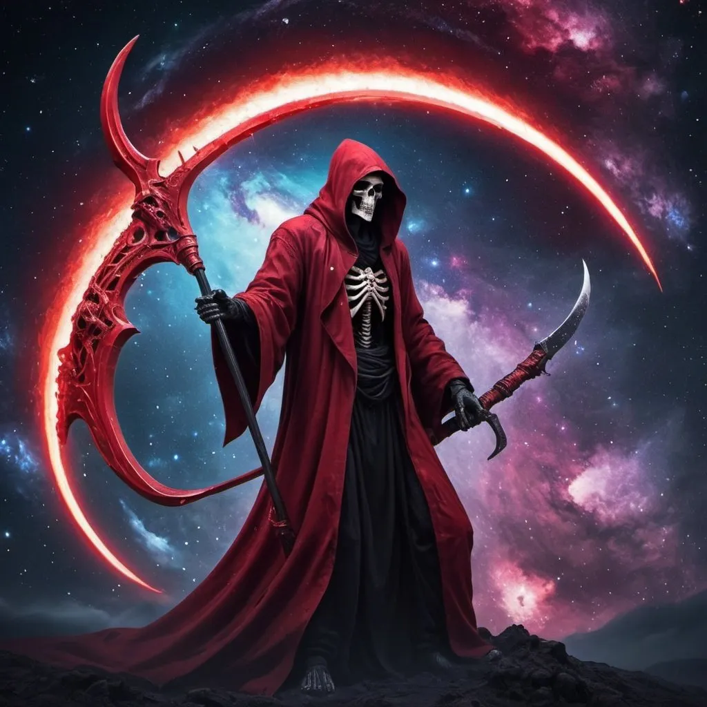 Prompt: Crimson Grim Reaper with scythe in hand in the galaxy