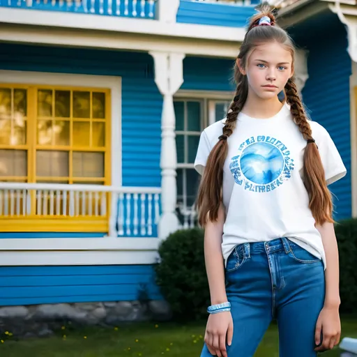 Prompt: Photograph of a young beautiful woman with long brown hair, which is braided into a ponytail. She has blue eyes and fair skin. She is wearing a white t-shirt, blue jeans and red sneakers. She is standing on the front lawn of a house that has yellow walls and blue windows. In his hand, he holds a book about artificial intelligence. She has a wide smile on her face.
