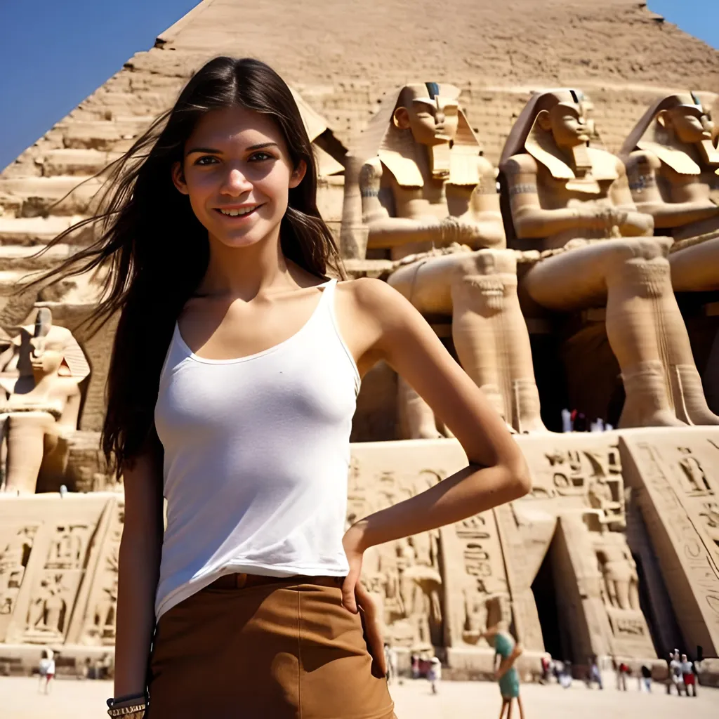 Prompt: Create an extremely detailed shot of a 20-year-old woman posing if front of a pyramid complex in Giza. The girl has long brown hair, a beautiful symmetrical face, green eyes, slight smile and a slender figure, natural physiological proportions. White top and short skirt Her entire body is visible in the picture, including her legs and feet. The egyptian pyramids can be seen in the background with the sun on the horizon. Ultra details, natural light, photo, Studio lighting