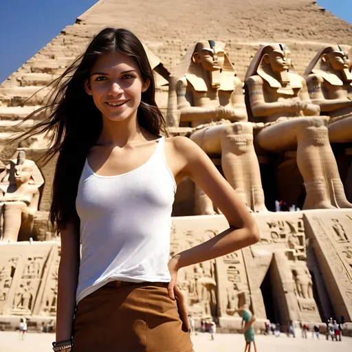 Prompt: Create an extremely detailed shot of a 20-year-old woman posing if front of a pyramid complex in Giza. The girl has long brown hair, a beautiful symmetrical face, green eyes, slight smile and a slender figure, natural physiological proportions. White top and short skirt Her entire body is visible in the picture, including her legs and feet. The egyptian pyramids can be seen in the background with the sun on the horizon. Ultra details, natural light, photo, Studio lighting