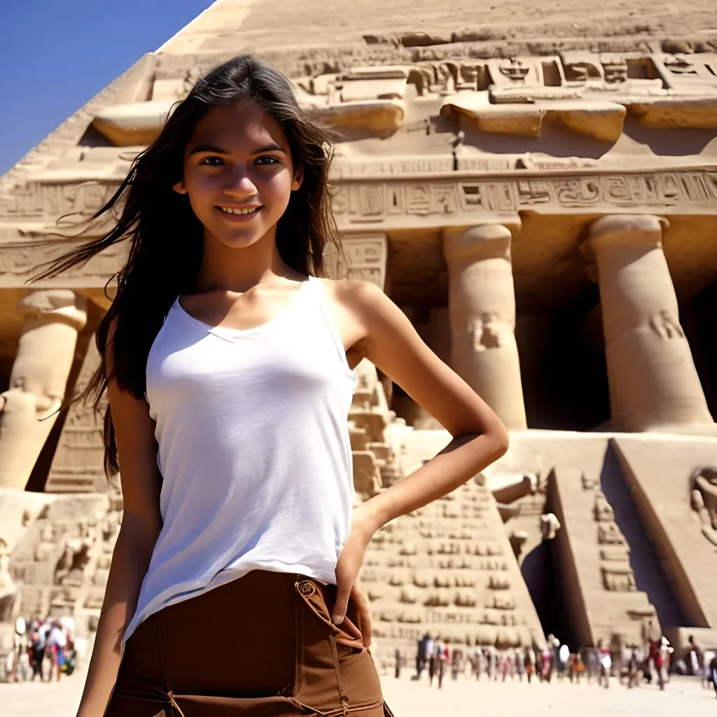 Prompt: Create an extremely detailed shot of a 20-year-old woman posing if front of a pyramid complex in Giza. The girl has long brown hair, a beautiful symmetrical face, green eyes, slight smile and a slender figure, natural physiological proportions. White top and short skirt Her entire body is visible in the picture, including her legs and feet. The egyptian pyramids can be seen in the background with the sun on the horizon. Ultra details, natural light, photo, Studio lighting