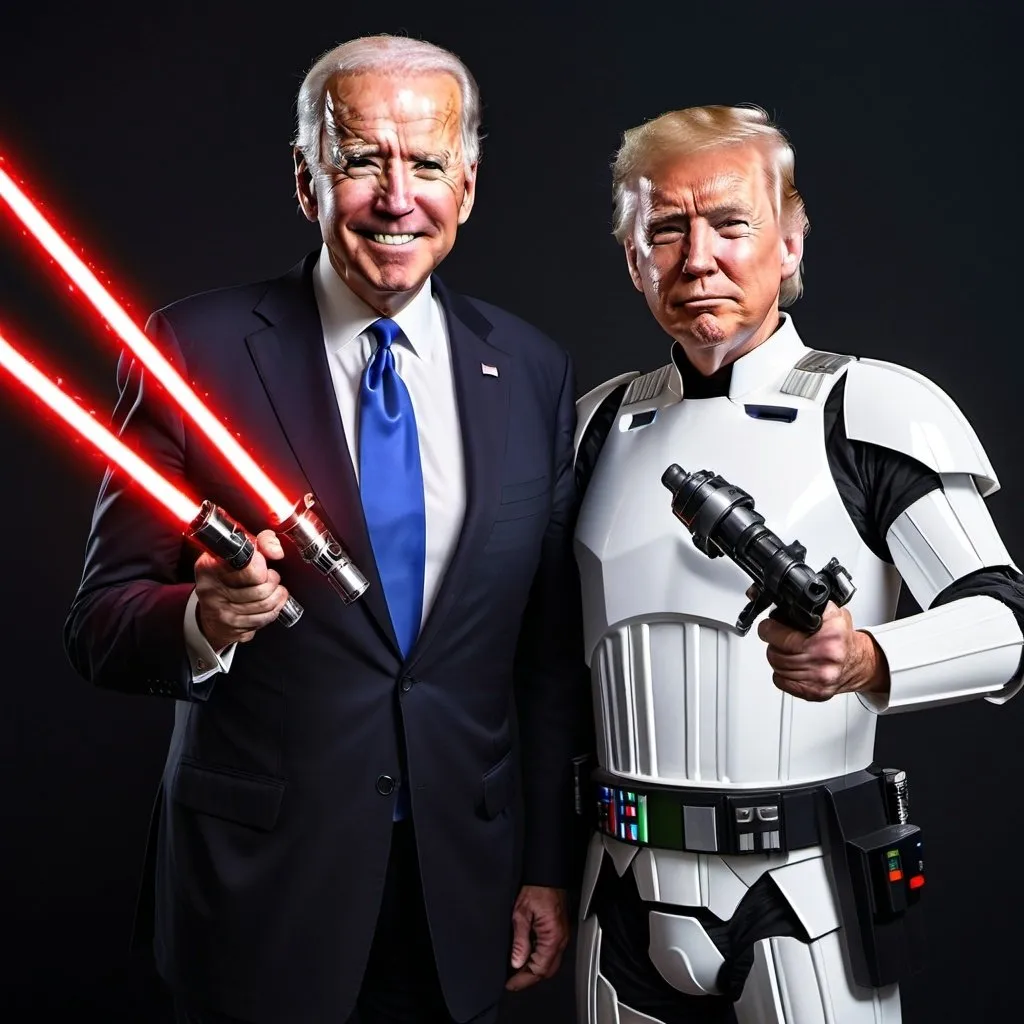 Prompt: Joe Biden and Donald Trump as Star Wars characters, high quality, realistic, sci-fi, political figures, detailed facial features, lightsaber duel, presidential attire, dramatic lighting, intense expressions, professional digital art, sci-fi, presidential, realistic, intense lighting