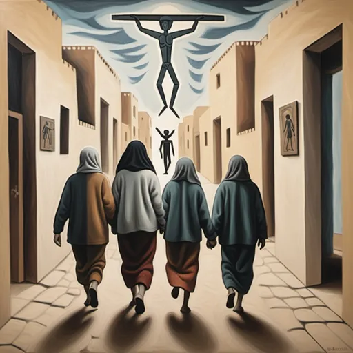 Prompt: A photo of the abductees returning home. In the background you see the symbol of the abductees. In the style of a Picasso painting