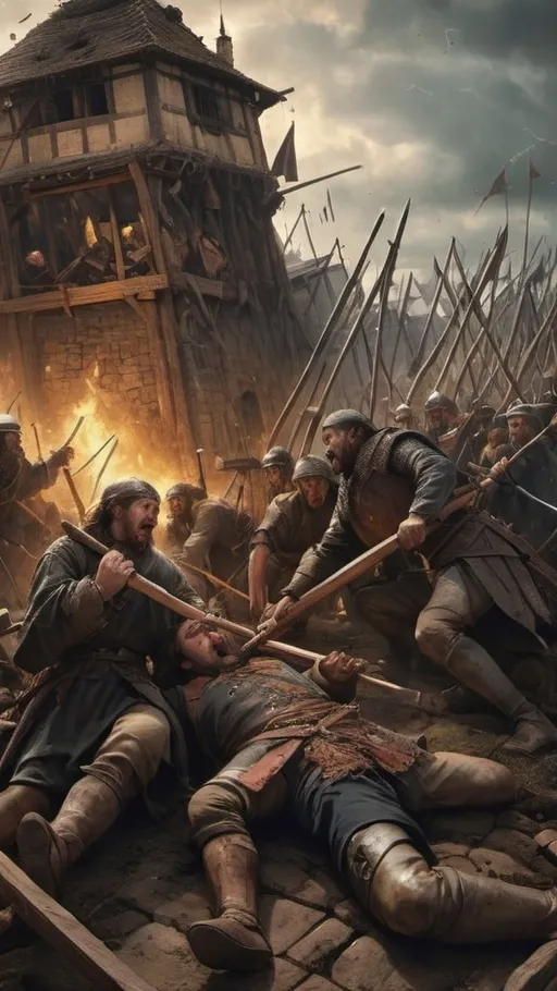 Prompt: Create an image set amidst a medieval siege, where peasant men and women are killed by a storm of arrows and lay on the ground. The peasants' faces should be perfectly rendered, Include detailed depictions of their hair, visible through the damage and chaos. The background should feature the towering siege engines, like trebuchets and catapults, highlighting the brutal reality of the battlefield. Emphasize the mix of fear, pain, and desperation in their expressions to convey the harshness of medieval warfare.