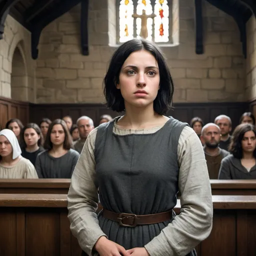 Prompt: Illustrate Joan of Arc at her trial 30 years of age, standing in a dimly lit medieval courtroom. She wears simple, rough clothing, her black
 hair cut in a bob style. Her expression is a mix of defiance and sorrow as she faces her inquisitors.  with the backdrop of stone walls and wooden benches creating an atmosphere of tension and injustice her face serene and full of faith, with a crowd watching in the background.