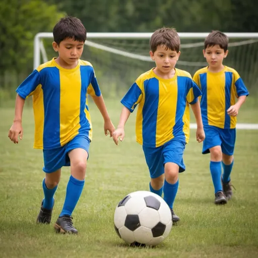 Prompt: children playing soccer while wearing a vertical blue and yellow stripes equipment from a local team on a summer day