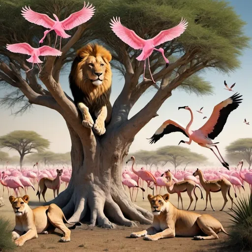 Prompt: create an image in which several lions are sitting in trees, and another one hunts an antelope and there are flamingoes flying at the antelope as well