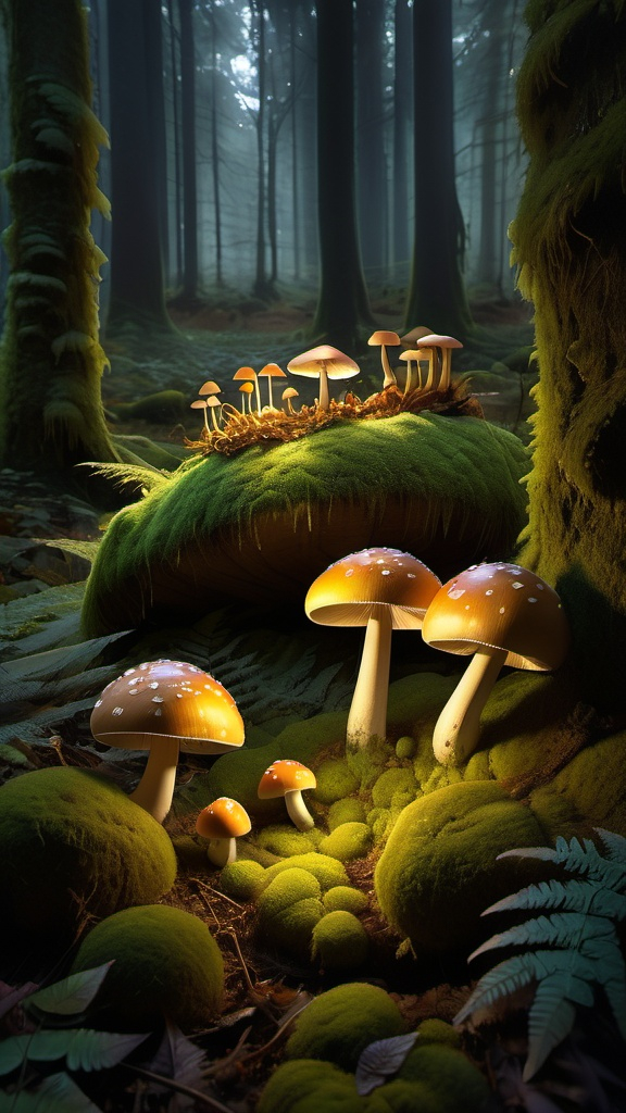 Prompt: A hidden forest nook at dusk, illuminated by a single cluster of luminous mushrooms growing atop a bed of moss. Their golden light dances across the forest floor, casting intricate shadows among the ferns and fallen leaves. Tiny, glowing particles hover in the air, enhancing the enchanting atmosphere. In the distance, the faint silhouettes of tall, ancient trees frame the serene composition.