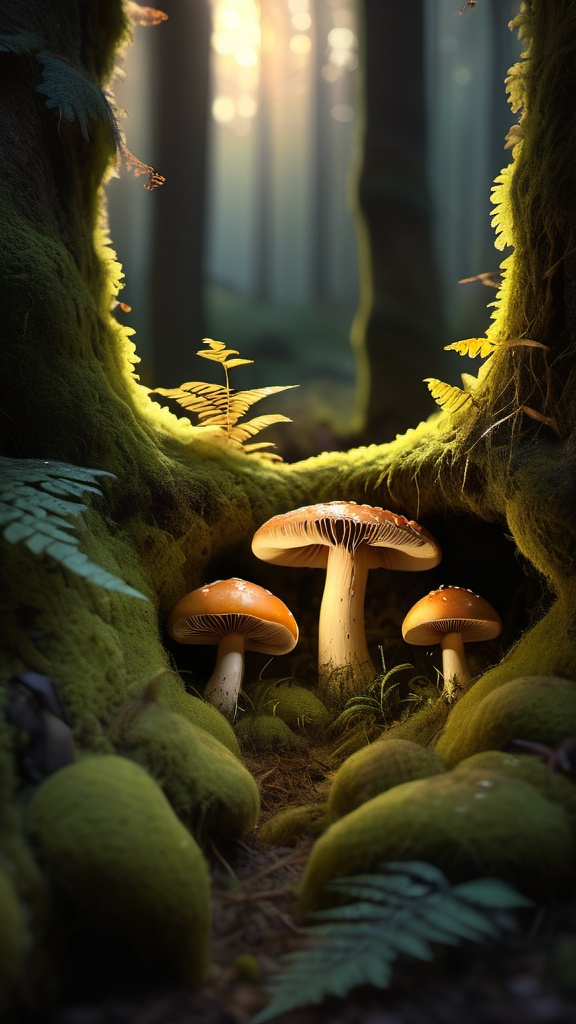 Prompt: A hidden forest nook at dusk, illuminated by a single cluster of luminous mushrooms growing atop a bed of moss. Their golden light dances across the forest floor, casting intricate shadows among the ferns and fallen leaves. Tiny, glowing particles hover in the air, enhancing the enchanting atmosphere. In the distance, the faint silhouettes of tall, ancient trees frame the serene composition.