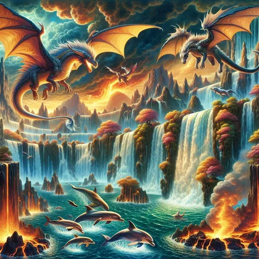 Prompt: Beautiful waterfalls, surrounded by lava, dragons flying in the sky and breathing fire, dolphins jumping in the streams

