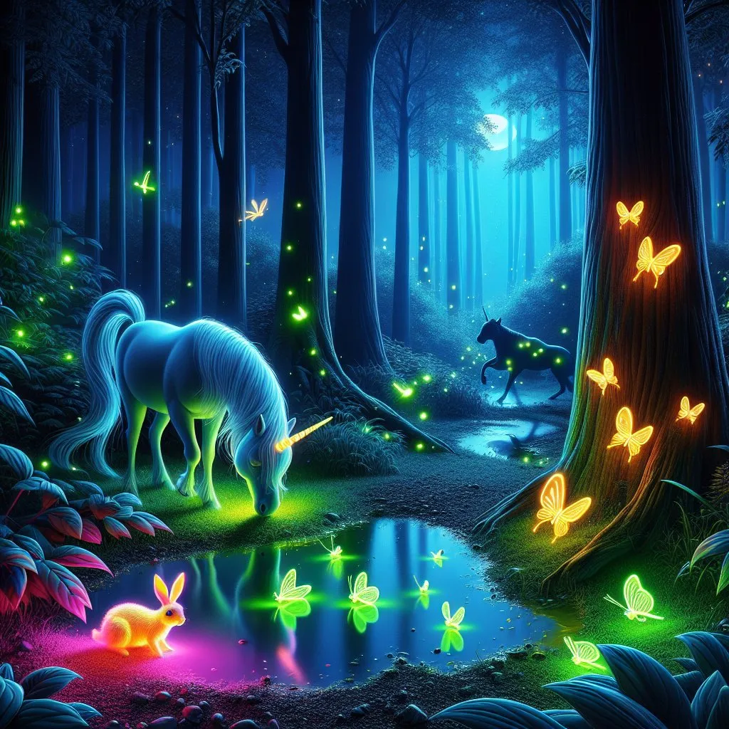 Prompt: A unicorn grazing in a mystical dense forest, with firefly bugs zooming around and chasing each other, the setting is at night, there are neon green and pink puddles scattered around the ground that have a slight glow to them, there's a neon orange and black bunny drinking from a puddle, there's a neon blue cat climbing a nearby tree. 