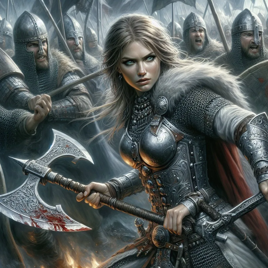 Prompt: Realistic painting of a fierce Norse warrior woman wielding a silver axe, surrounded by English knight enemies, smoke and blood, Gothic setting, detailed silver armor with battle scars, intense expression, dramatic lighting, high quality, realism, Norse mythology, English knights, battle scene, intense atmosphere, detailed weaponry, dynamic composition