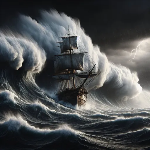 Prompt: Gigantic rogue wave crashing into antique wooden sail ship, dark stormy clouds, photorealism, high quality, detailed woodwork, dramatic lighting, realistic water, stormy atmosphere, lightning bolts, intense waves, massive scale, powerful force, maritime disaster, dynamic composition, realistic textures, high-res, dramatic realism, turbulent sea, detailed sails, dark and moody, atmospheric lighting