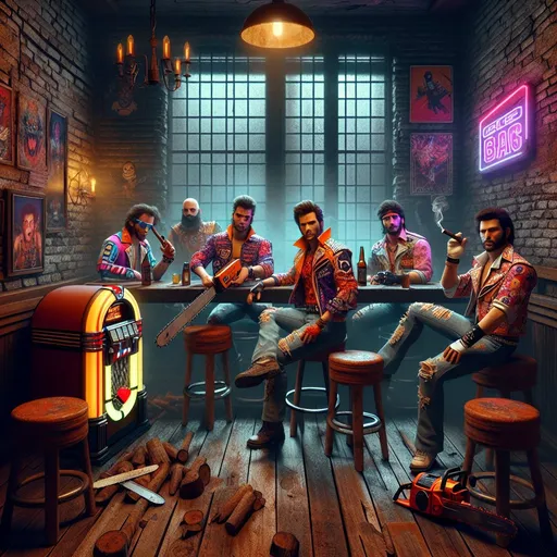 Prompt: Create a scene of the video game Grand Theft Auto vice city, the original vice City video game, create the characters in this video game, sitting inside of Mitch Baker's biker bar, smoking cigars and wielding chainsaws