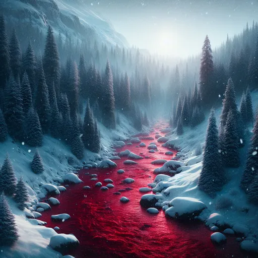 Prompt: Photorealistic depiction of a river of blood in a snowy forest, falling snow, high resolution, realistic style, blood river, snowy forest, falling snow, photorealistic, high quality, detailed, atmospheric lighting, winter landscape