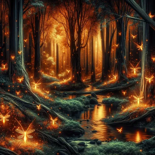 Prompt: Enchanting fantasy forest with torch bugs, black and orange color palette, serene creek, magical atmosphere, high quality, fantasy style, detailed foliage, glowing torch bugs, mystical ambiance, tranquil setting, surreal lighting, dreamlike, serene water feature, vibrant colors, ethereal atmosphere