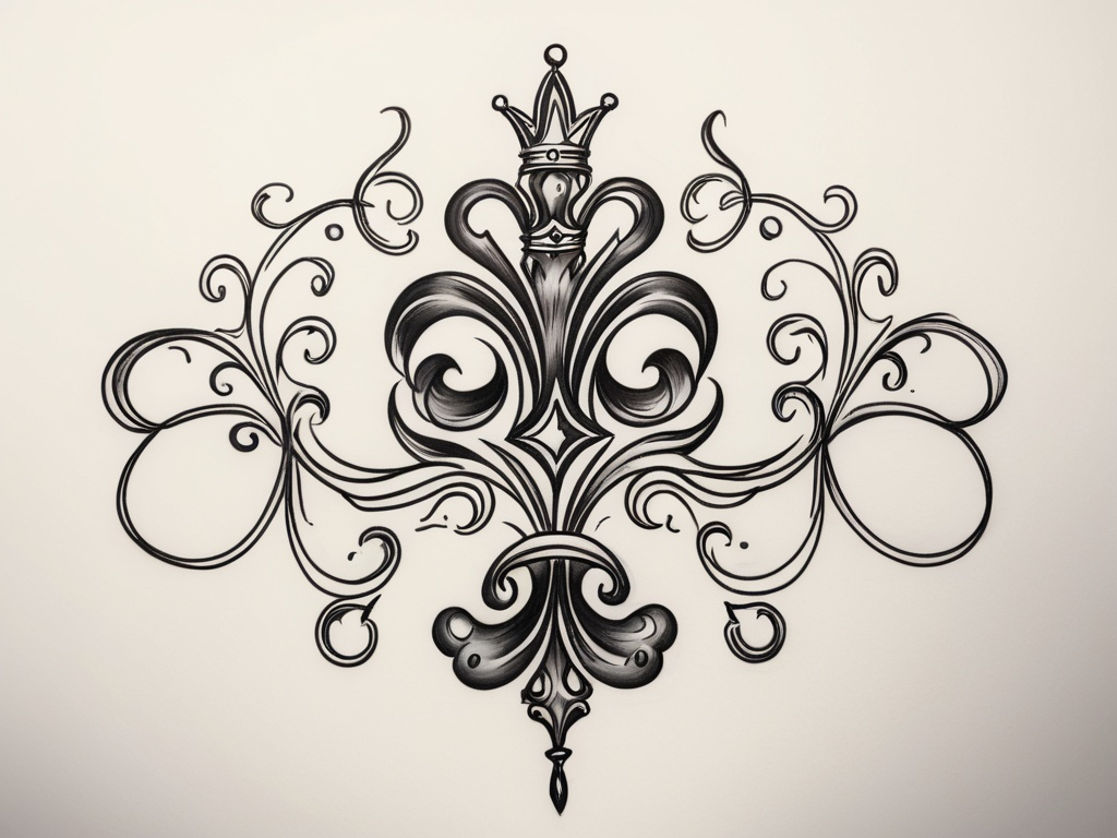 Prompt: a drawing of a swirly regal royalty design
(tattoo sketch)