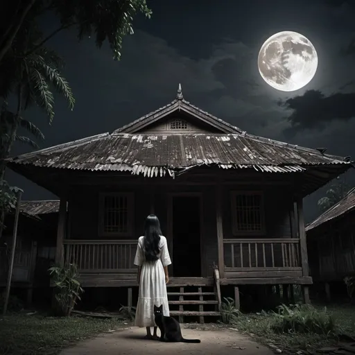 Prompt: A dark wooden abandoned and gloomy house (Malay house), with small full moon in the sky of the night. The picture look dark with 1 lux light. There is malay woman with white and dirty dress with long hairs, standing in front of the house with emotional look. There is black cat with beside her. 