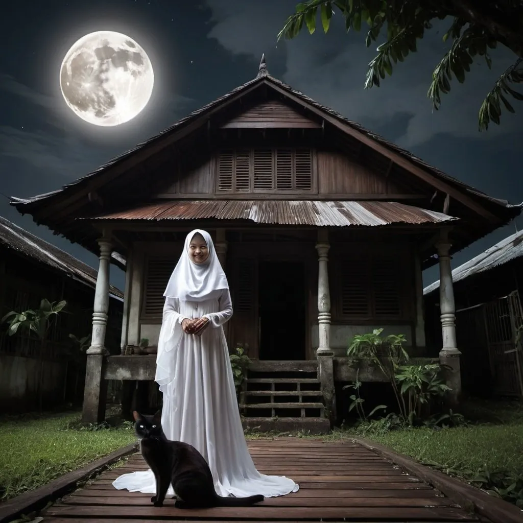 Prompt: A dark wooden abandoned and gloomy house (Malay house), with small full moon in the sky of the night. The picture look dark with 1 lux light. There is malay woman with white dress covered with long white veil on her head, standing in front of the house with smile look. There is black cat with beside her. 