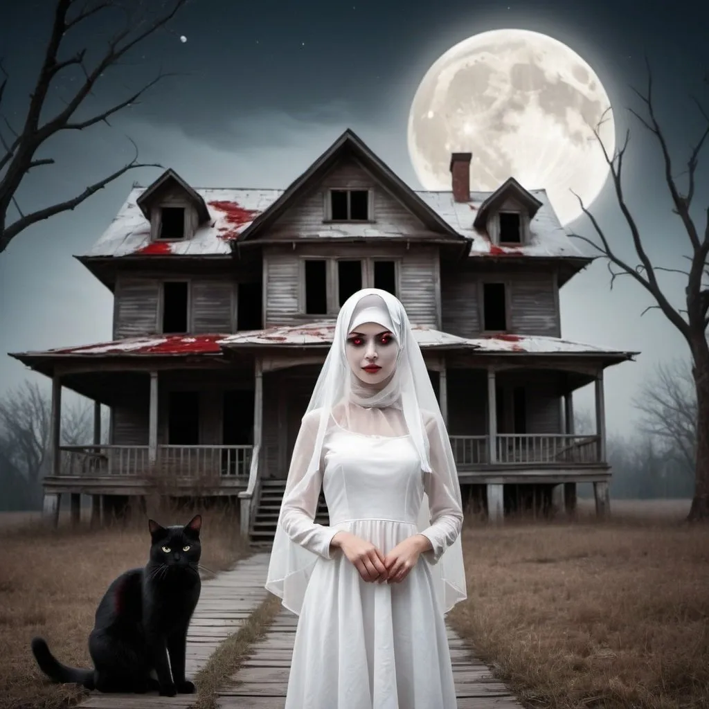 Prompt: A wooden abandoned and gloomy house, with full moon in the sky of the night. There is real look woman with white dress covered with long white veil on her head, standing in front of the house with smile but scary look. There is black cat with red eye beside her