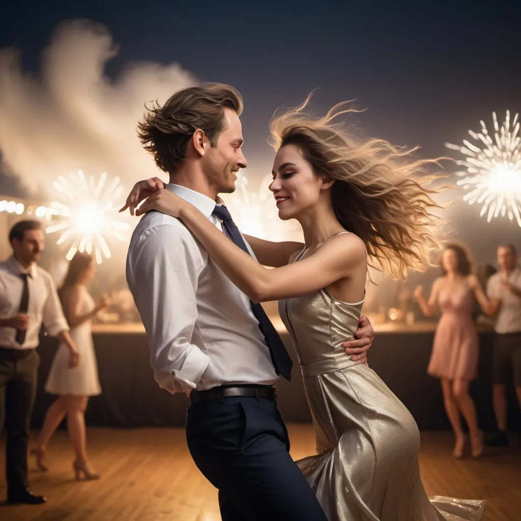 Prompt: Couple dancing on stage in strong wind, party clothes, hyper-realistic photograph, Sony Alpha a9 II, Sony FE 200-600mm f/5.6-6.3 G OSS lens, natural light, ultra-detailed, strong wind effect, evening attire, romantic atmosphere, detailed expressions, dynamic movement, highres, hyper-realistic, natural lighting, 3:2 aspect ratio, Sony camera, party attire, dramatic wind effect, professional photography