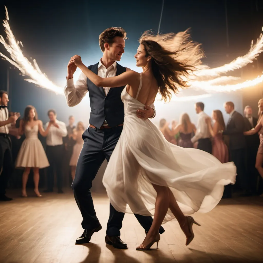 Prompt: Couple dancing on stage in strong wind, party clothes, hyper-realistic photograph, Sony Alpha a9 II, Sony FE 200-600mm f/5.6-6.3 G OSS lens, natural light, ultra-detailed, strong wind effect, evening attire, romantic atmosphere, detailed expressions, dynamic movement, highres, hyper-realistic, natural lighting, 3:2 aspect ratio, Sony camera, party attire, dramatic wind effect, professional photography