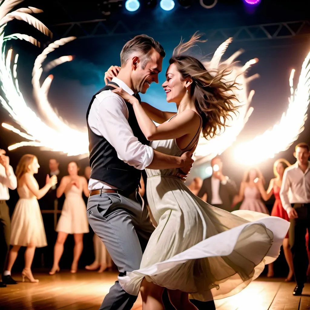 Prompt: Couple dancing on stage in strong wind, party clothes, hyper-realistic photograph, Sony Alpha a9 II, Sony FE 200-600mm f/5.6-6.3 G OSS lens, natural light, ultra-detailed, strong wind effect, evening attire, romantic atmosphere, detailed expressions, dynamic movement, highres, hyper-realistic, natural lighting, 3:2 aspect ratio, Sony camera, party attire, dramatic wind effect, professional photography