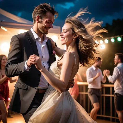 Prompt: Couple dancing on stage in strong wind, party clothes, hyper-realistic photograph, Sony Alpha a9 II, Sony FE 200-600mm f/5.6-6.3 G OSS lens, natural light, ultra-detailed, strong wind effect, evening attire, romantic atmosphere, detailed expressions, dynamic movement, highres, hyper-realistic, natural lighting, 3:2 aspect ratio, Sony camera, party attire, dramatic wind effect, professional photography