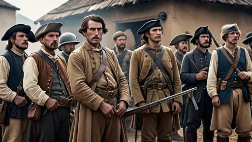Prompt: Realistic photo of a violent historical timeline, men of different eras standing in line, authentic clothing and weaponry, 4k ultra-sharp colors, high-definition, historical realism, detailed attire, realistic weapons, intense expressions, authentic props, high-quality photography, historical timeline, vivid colors, sharp details, authentic portrayal, realistic portrayal, HD photo, intense historical theme, detailed historical scene