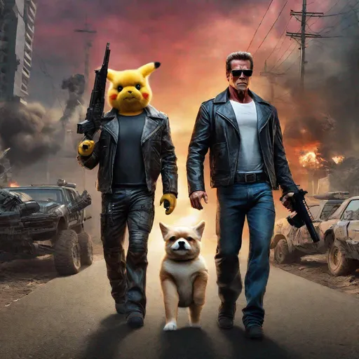 Prompt: The Terminator and Pikachu walking together, wielding guns, EPIC, Photorealistic, Vibrant