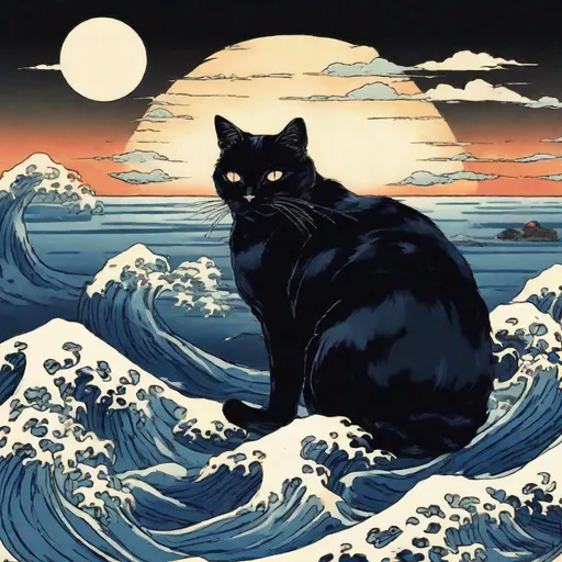 Prompt: Fat Black Cat, Hokusai, Peaceful, Vibrate, Portrait, Cool or Blue Colors, Sunset