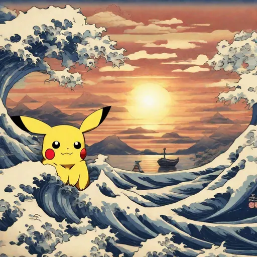 Prompt: Pikachu, Hokusai, Peaceful, Vibrate, Portrait, Sunset