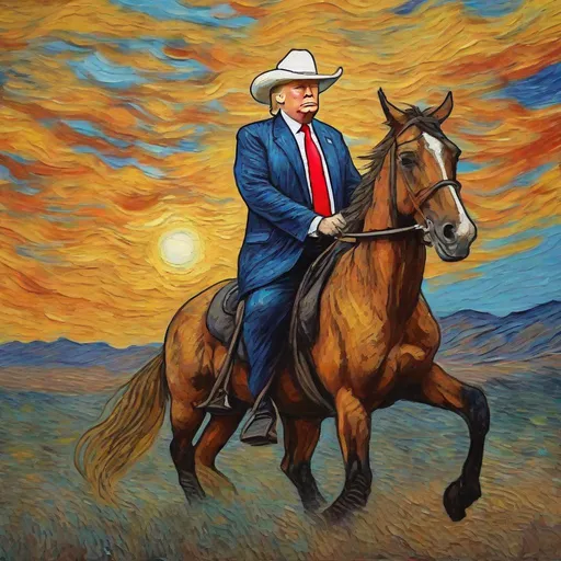 Prompt: Donald Trump, Van Gogh Style, Peaceful, Riding a Horse into a Sunset, Vibrate, Cowboy